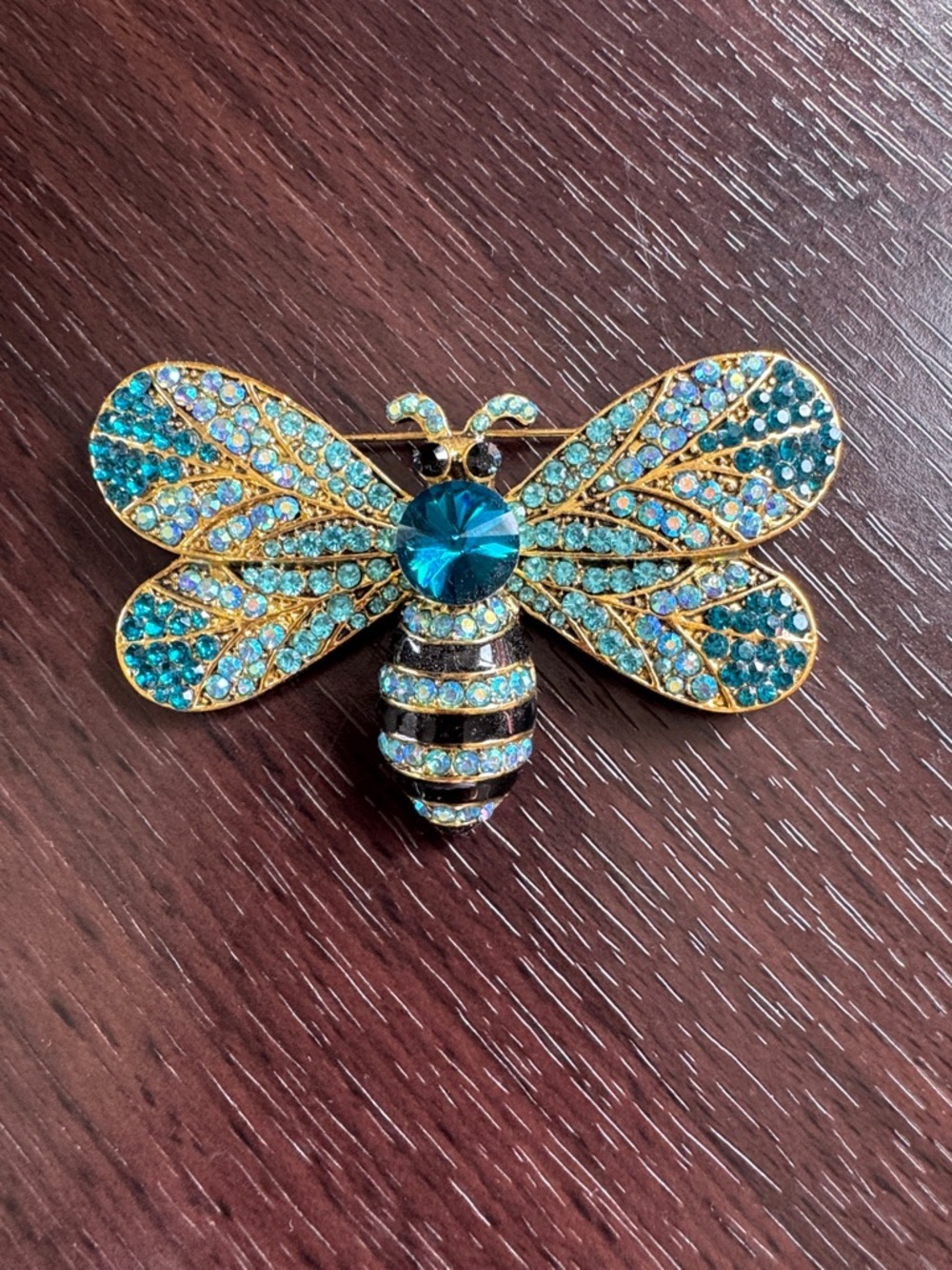 Turquoise Crystal Bee Brooch - Gold Tone